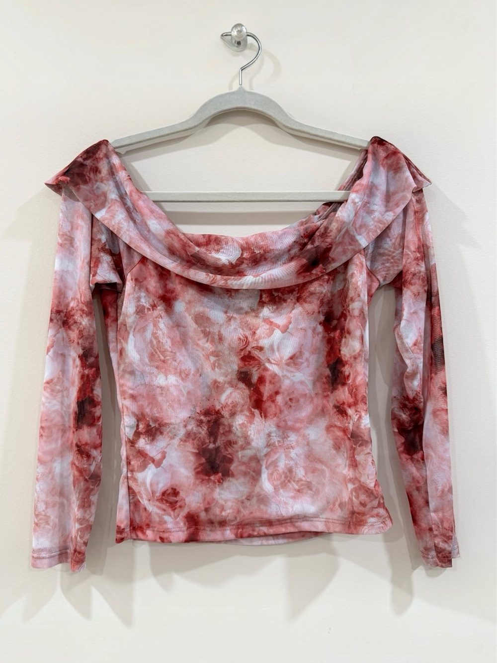 Floral Rose Print Stretchy Mesh Off Shoulder Top Size M Romantic Coquette Y2K
